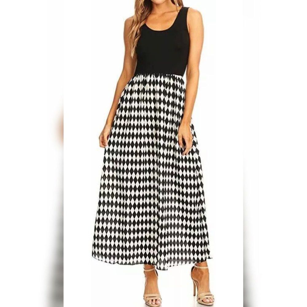 Sleeveless Black White Diamond Pattern Maxi‎ Dress Vacation Summer Resort Cruise
